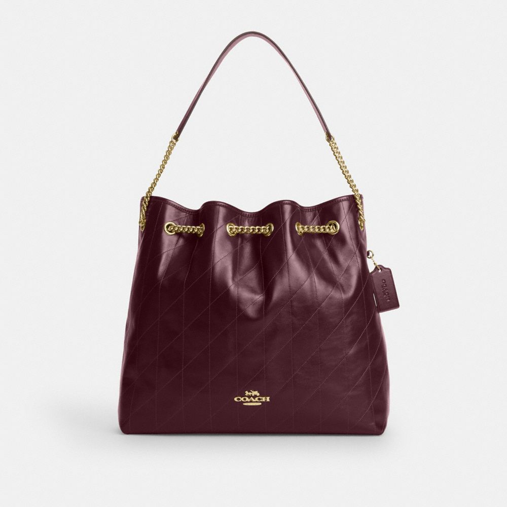 Coach Evelyn Large Shoulder Bag With Quilting Gold Dark Wine