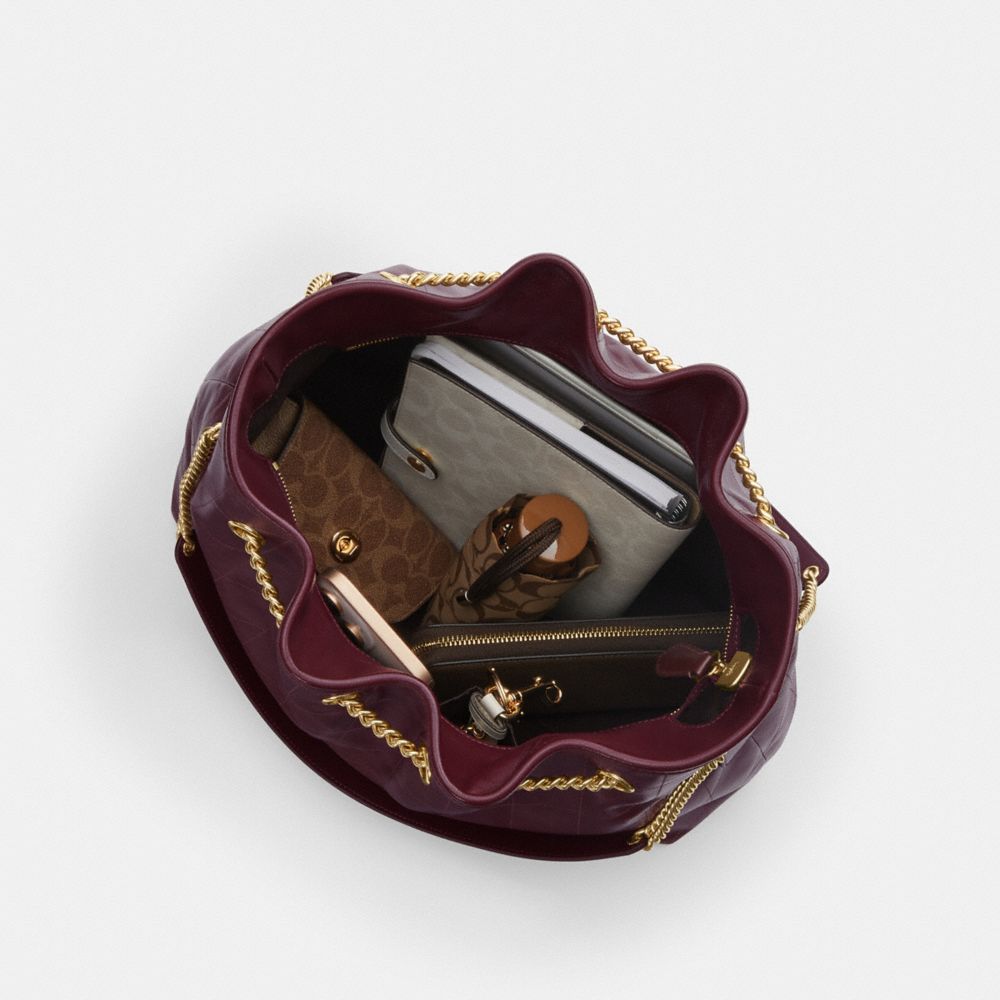 Coach Evelyn Large Shoulder Bag With Quilting Gold Dark Wine