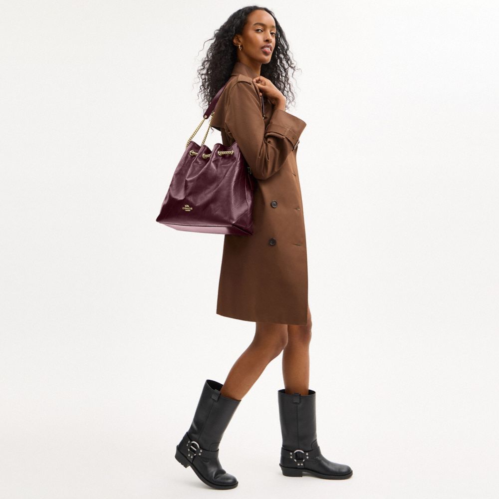 Coach Evelyn Large Shoulder Bag With Quilting Gold Dark Wine