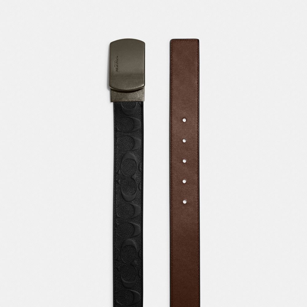 Coach Plaque Buckle Cut To Size Reversible Belt, 38 Mm Gunmetal Black Dark Saddle