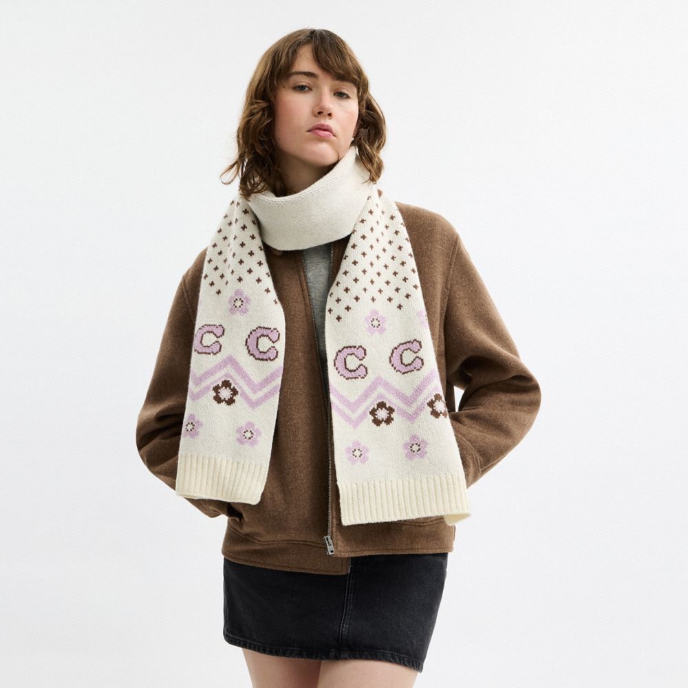 Coach Fair Isle Print Knit Muffler Chalk Multi