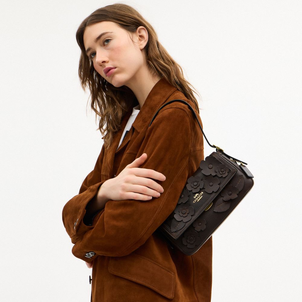 Coach Etta Small Flap Shoulder Bag With Floral Applique Gold Maple