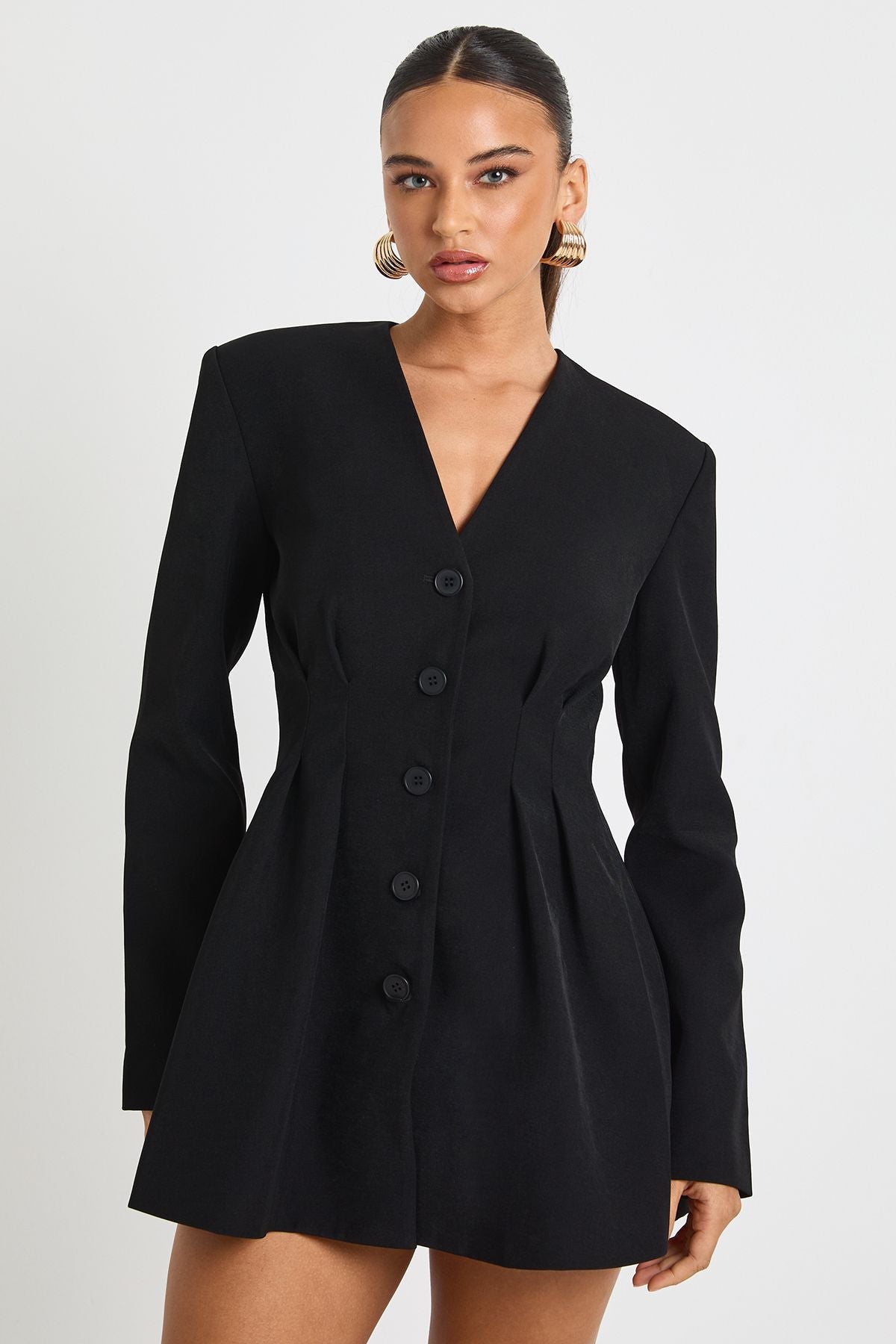 Long Sleeve Collarless Tailored Mini Dress