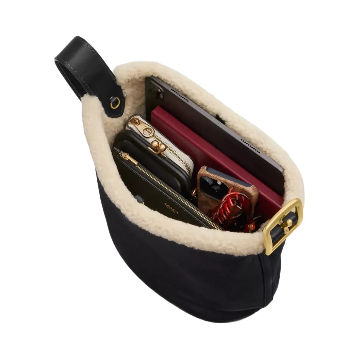 Coach Bleecker Bucket Bag In Shearling in Brass Black Natural