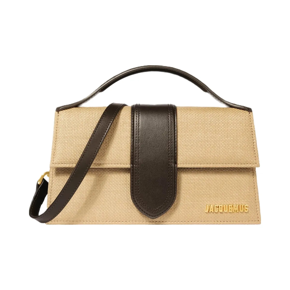 Jacquemus The Large Bambino Structured Bag In Woven Raffia-Effect With Smooth Leather Trim Natural / Dark Brown