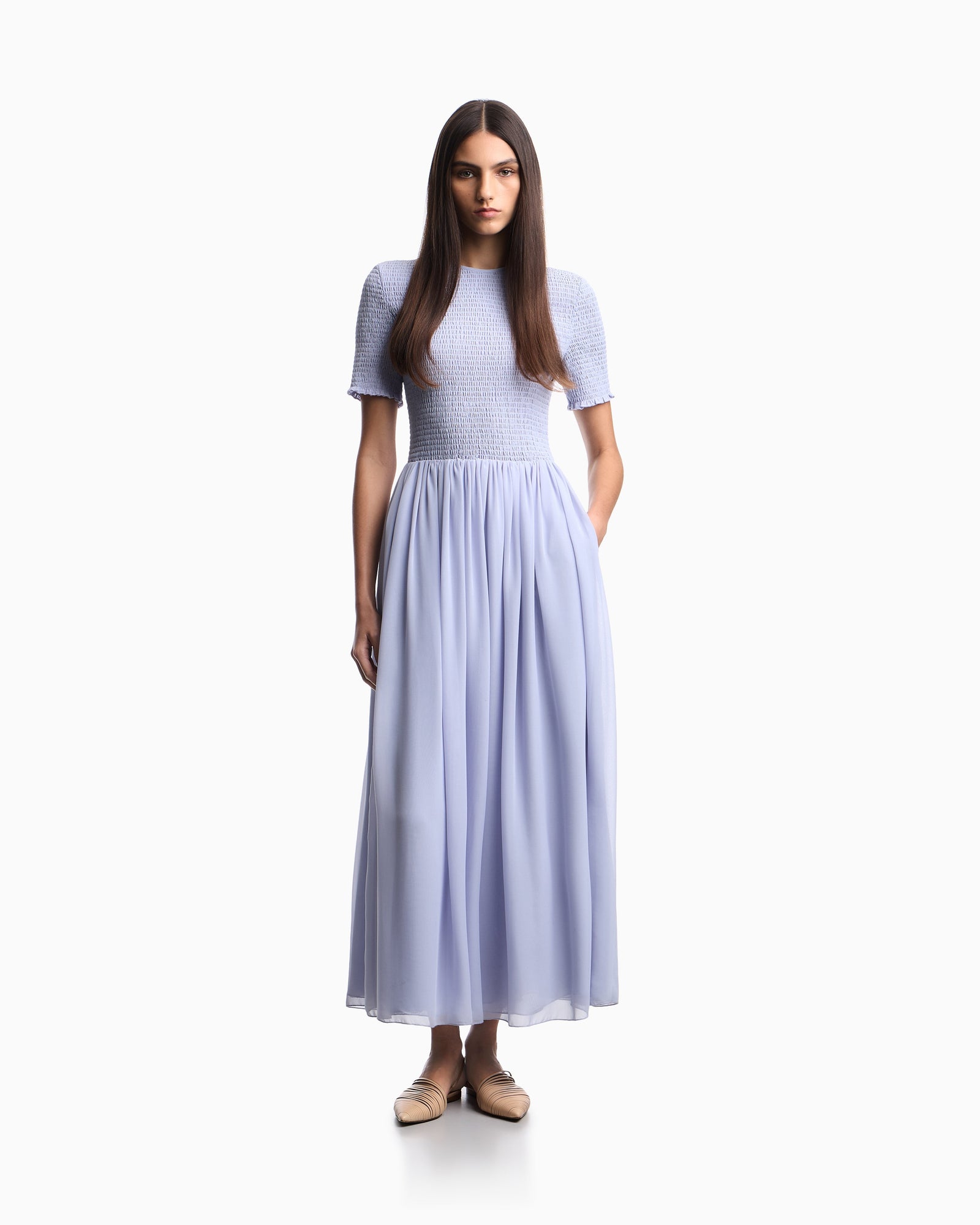Emporio Armani Short-sleeved long dress in technical georgette