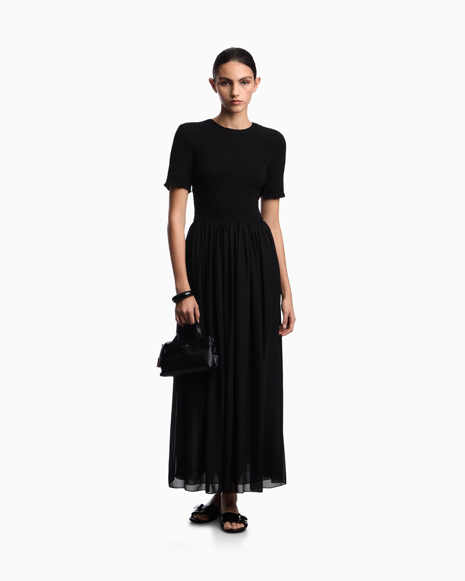 Emporio Armani Short-sleeved long dress in technical georgette