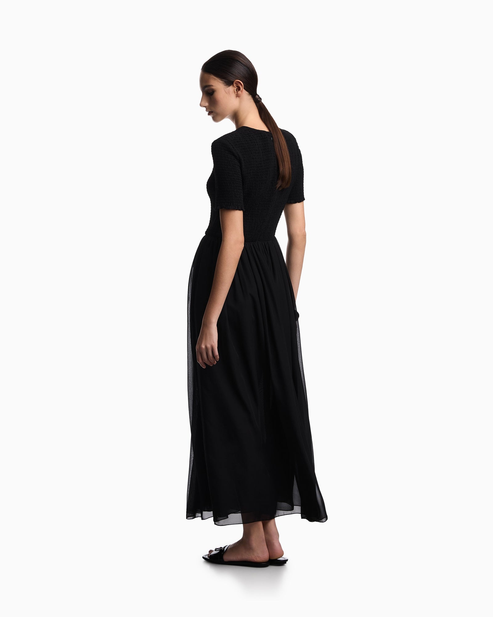 Emporio Armani Short-sleeved long dress in technical georgette