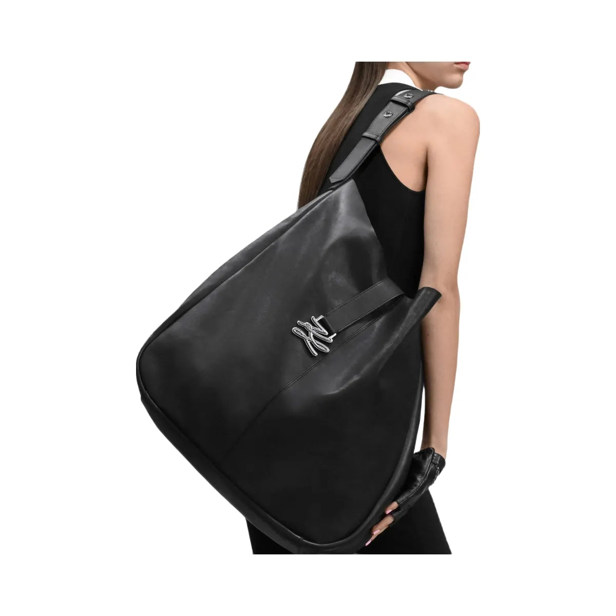 Karl Lagerfeld Autograph Swing Oversized Hobo Bag Black Gunmetal