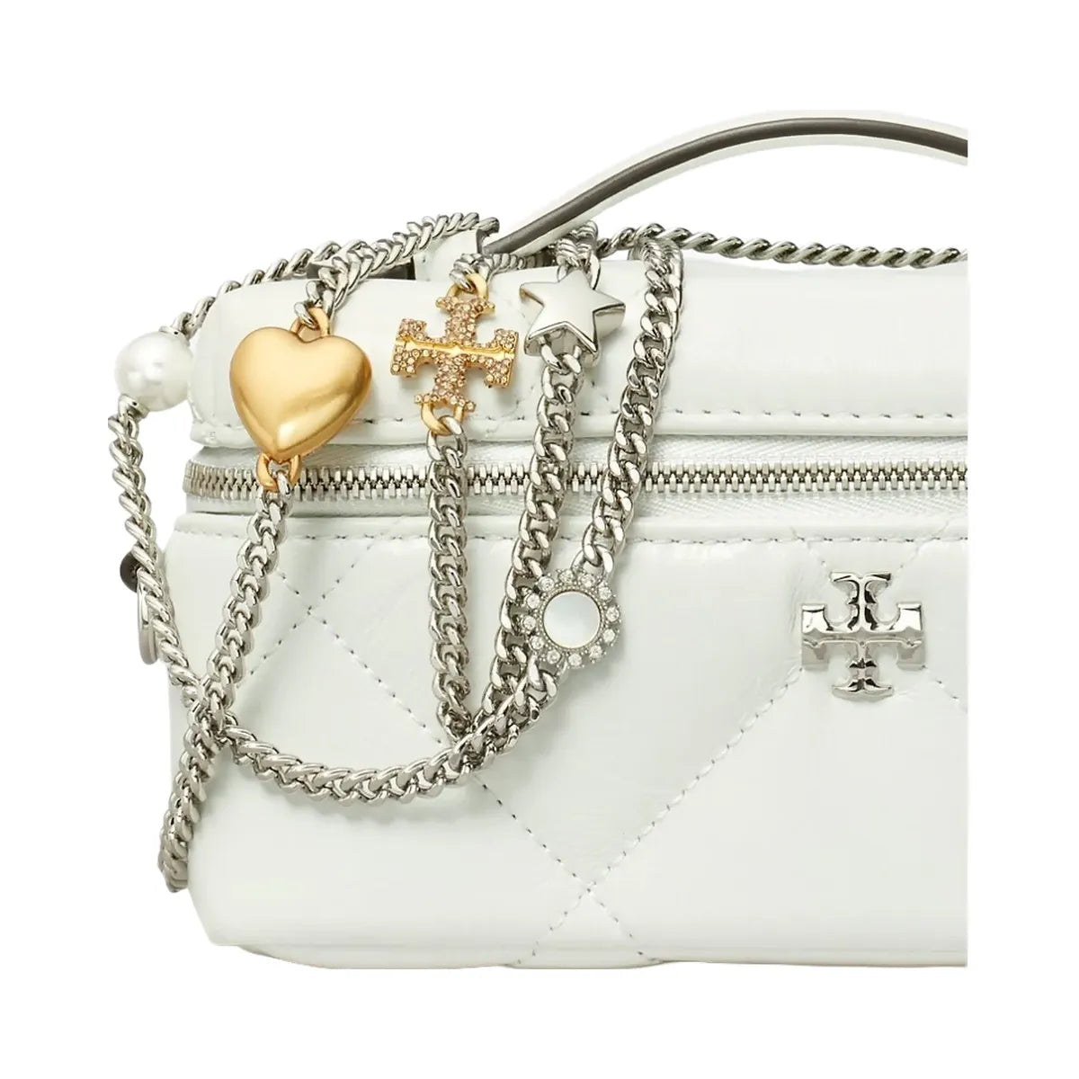 Tory Burch Kira Diamond Quilt Distressed Charm Vanity Case Blanc