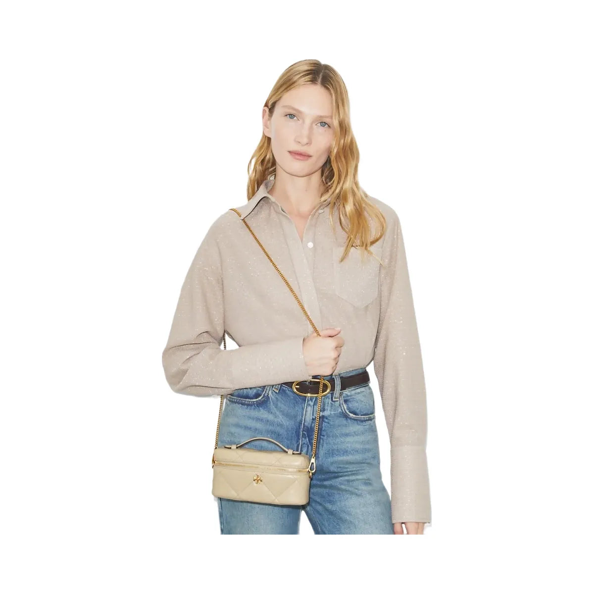 Tory Burch Kira Diamond Quilt East-West Vanity Case Light Stone