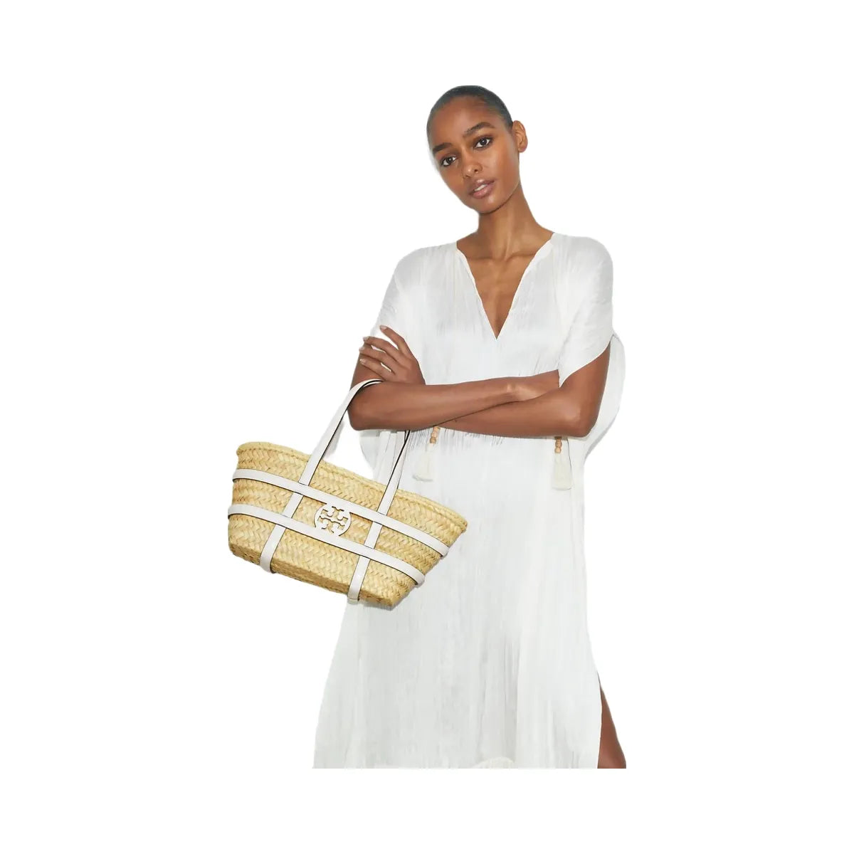 Tory Burch Small Ella Croc-Embossed Straw Basket Blanc