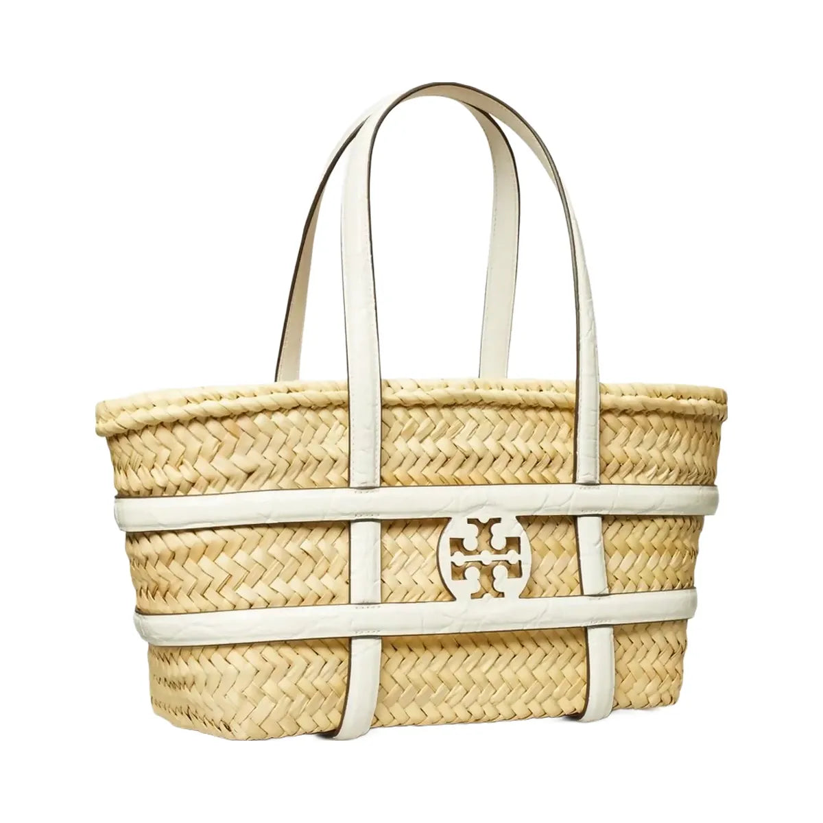 Tory Burch Small Ella Croc-Embossed Straw Basket Blanc