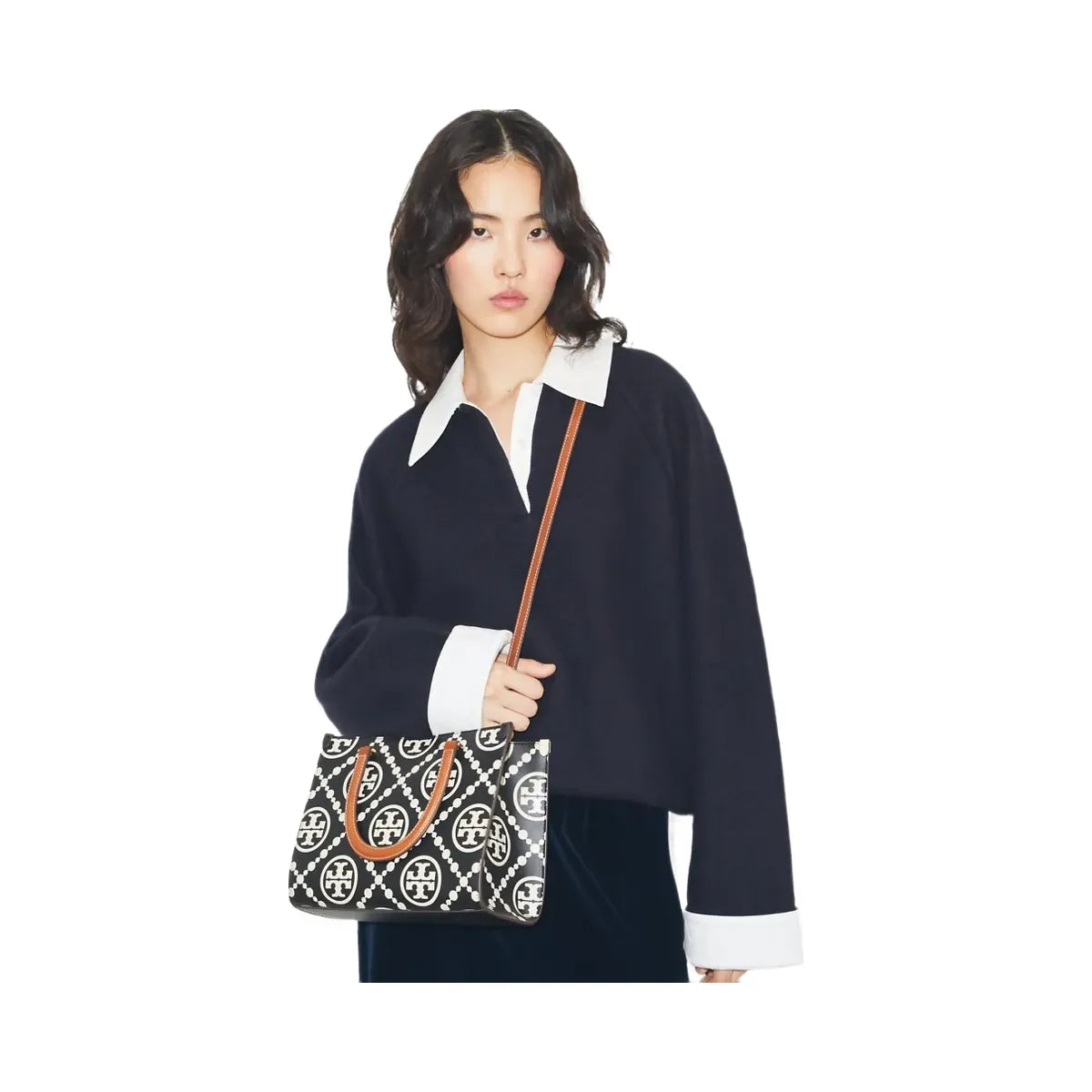 Tory Burch T Monogram Contrast Embossed Top-Handle Tote Black/White