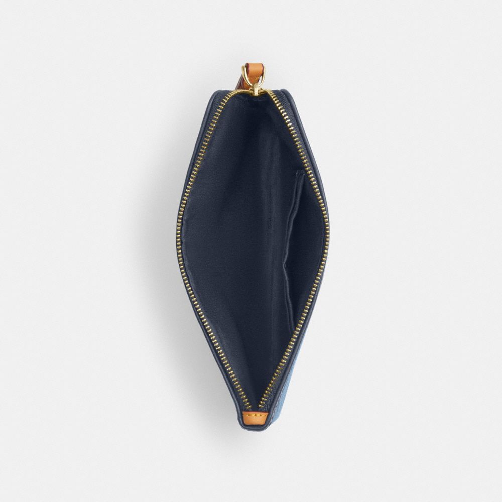 Coach Large Corner Zip Wristlet In Signature Denim Gold Indigo