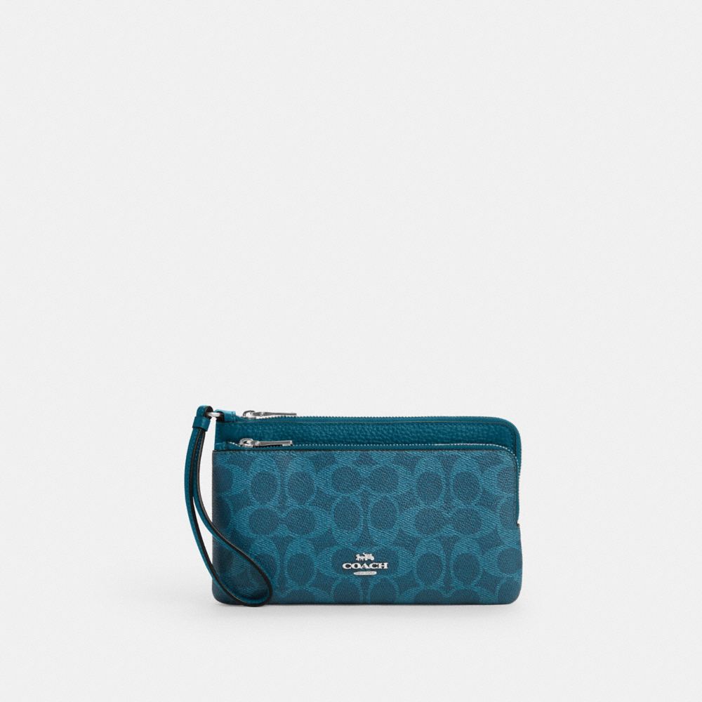 Coach Double Zip Wallet In Signature Canvas Silver Aquamarine