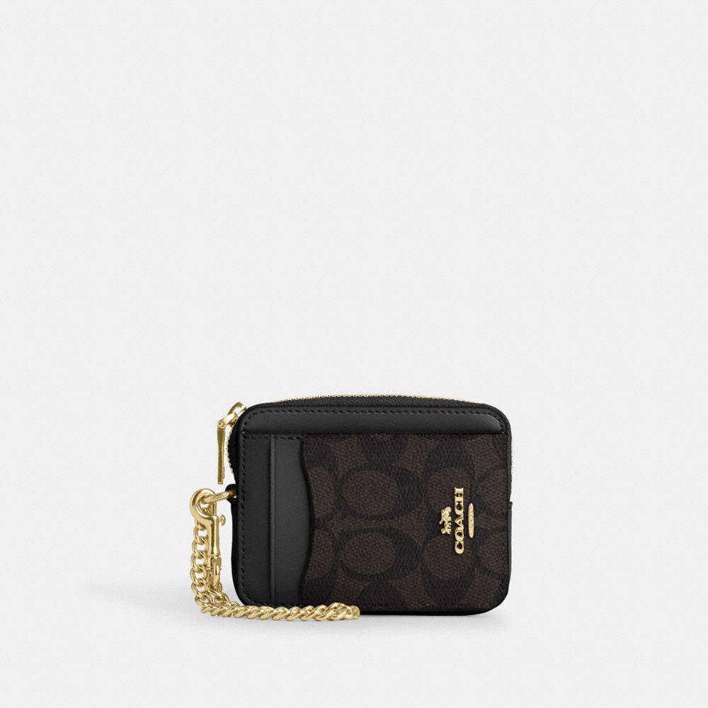 Coach Zip Card Case In Signature Canvas Gold Walnut Black