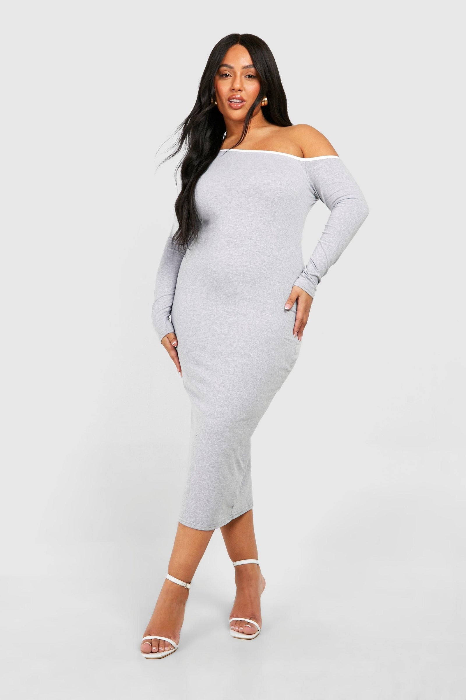 Plus Cotton Elastance Contrast Off Shoulder Midi Dress