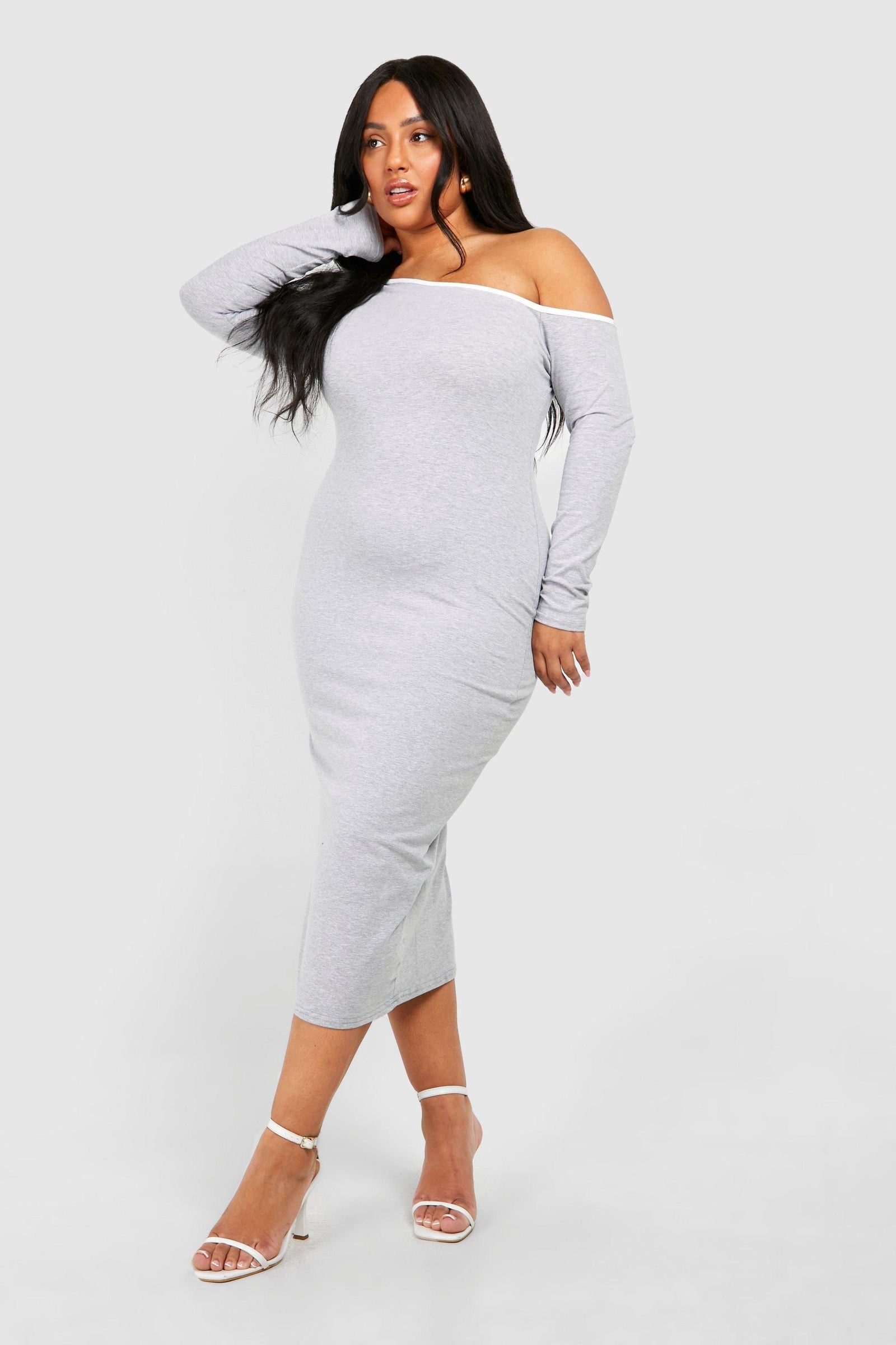 Plus Cotton Elastance Contrast Off Shoulder Midi Dress
