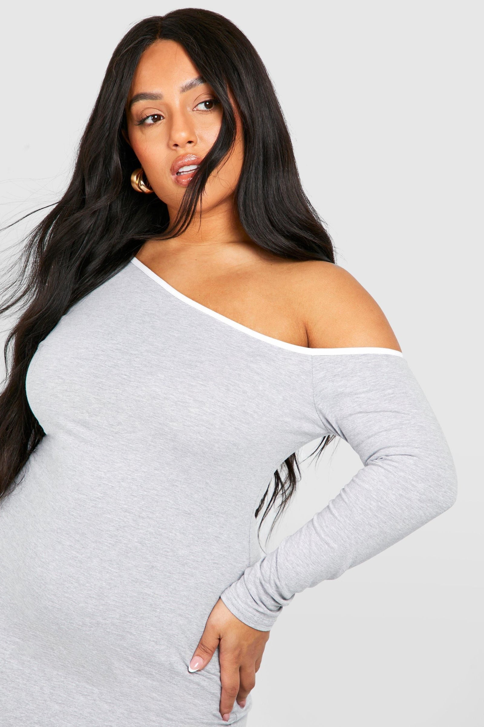 Plus Cotton Elastance Contrast Off Shoulder Midi Dress