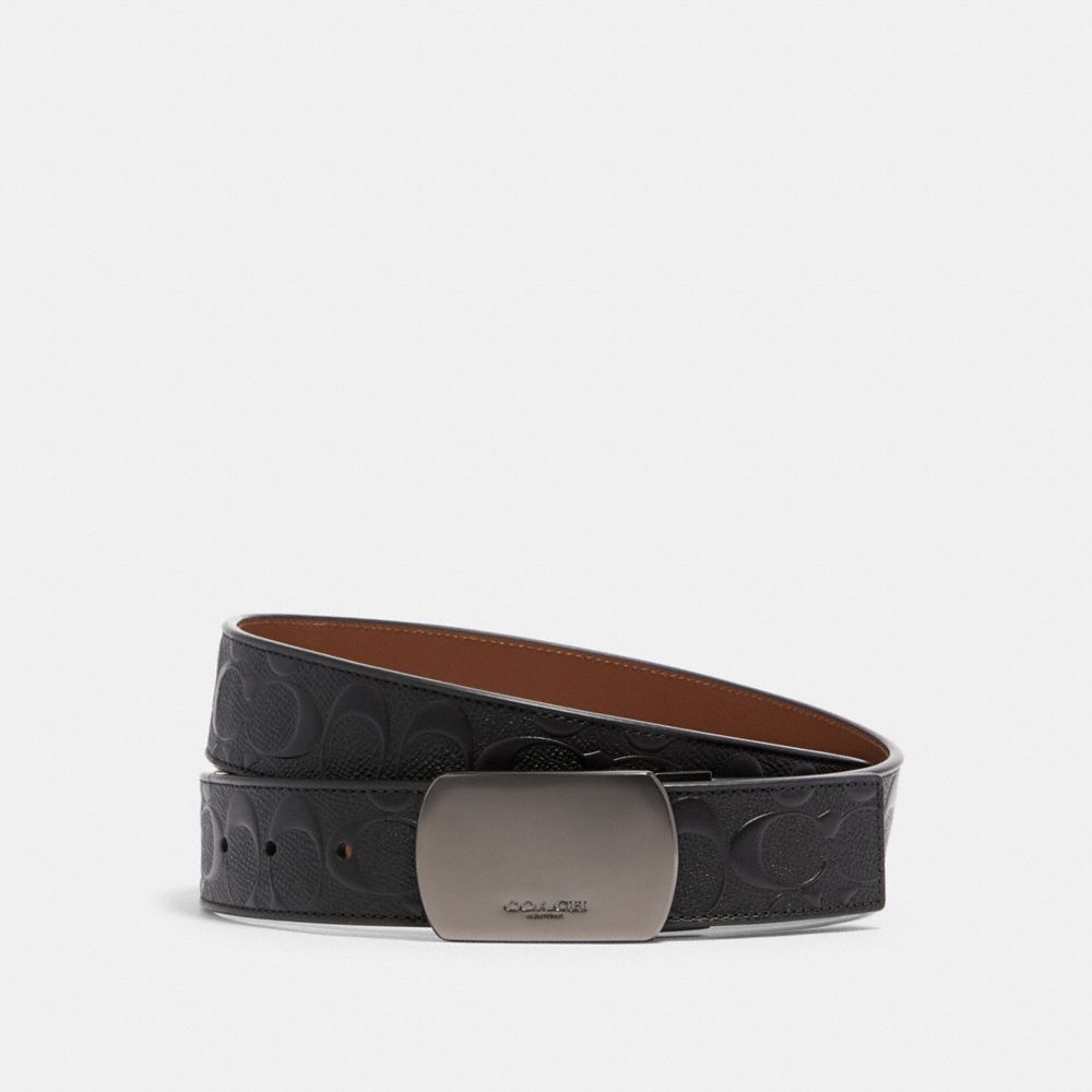 Coach Plaque Buckle Cut To Size Reversible Belt, 38 Mm Gunmetal Black Dark Saddle