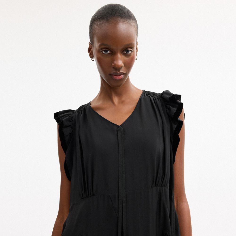 Coach V Neck Dress With Velvet Dots Black