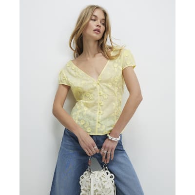 Yellow 3D Floral Embellished Blouse
