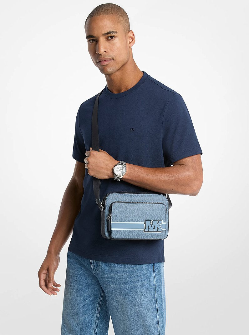 Michael Kors Cooper Embellished Signature Logo Flight Bag Denim
