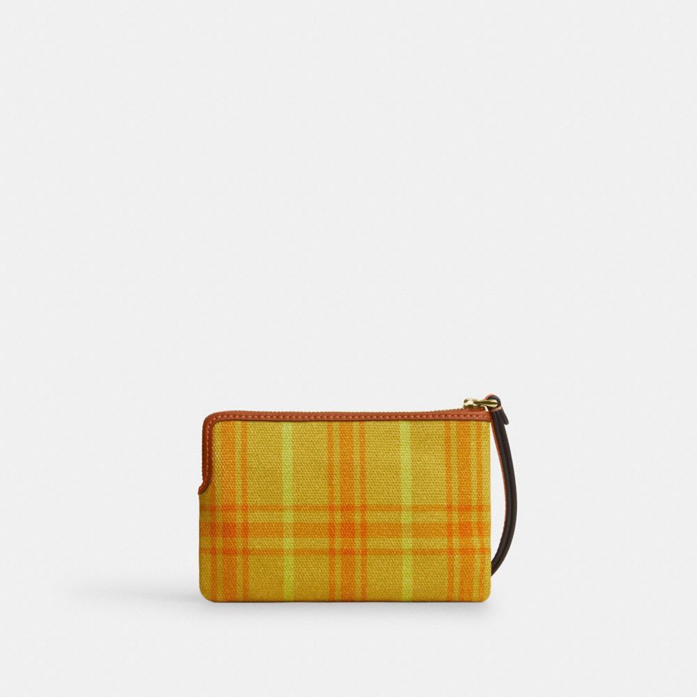 Coach Corner Zip Wristlet In Regenerative Cotton With Plaid Print Gold Burnished Amber