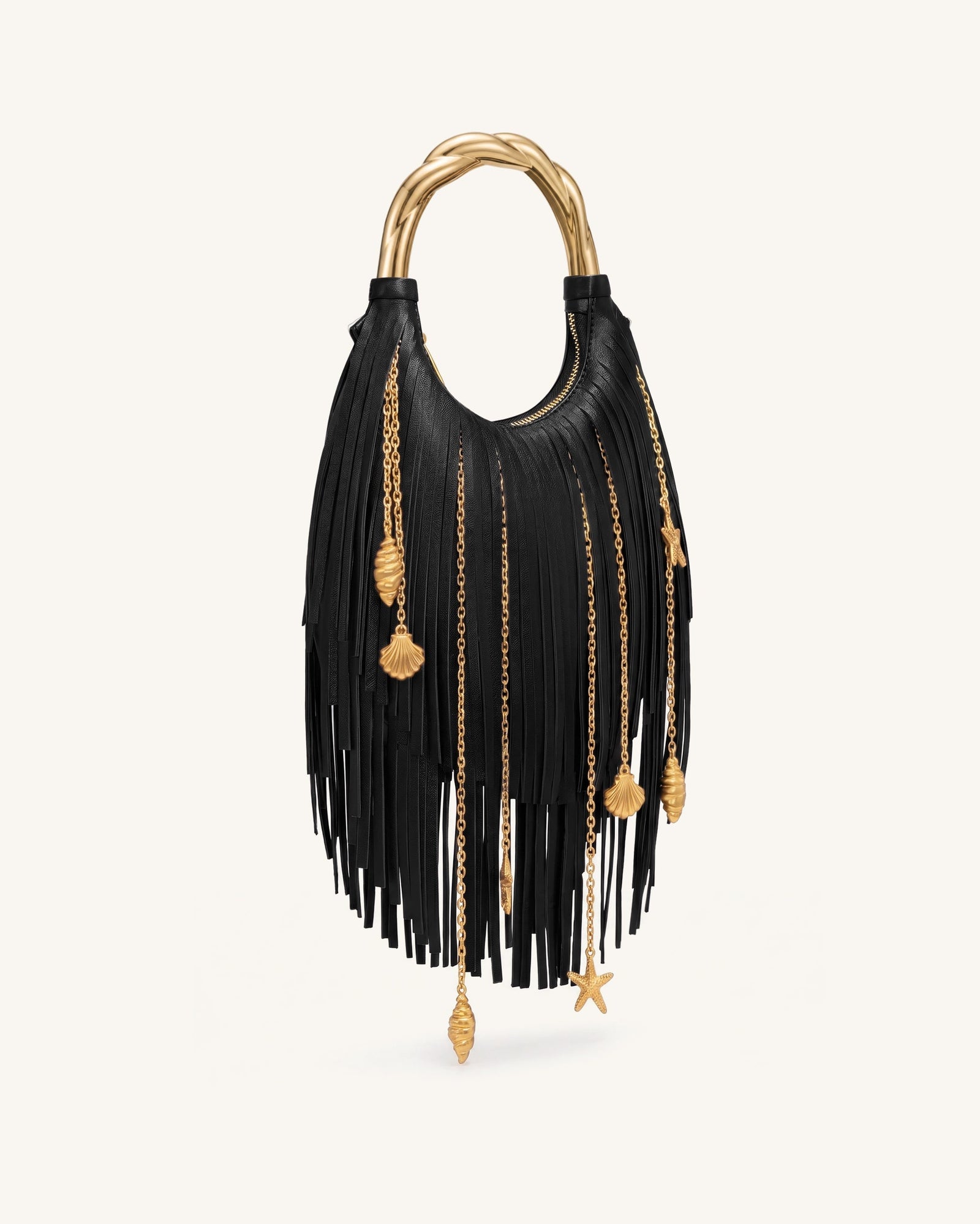 Chloe Metal Handle Fringe Top Handbag - Dark Brown