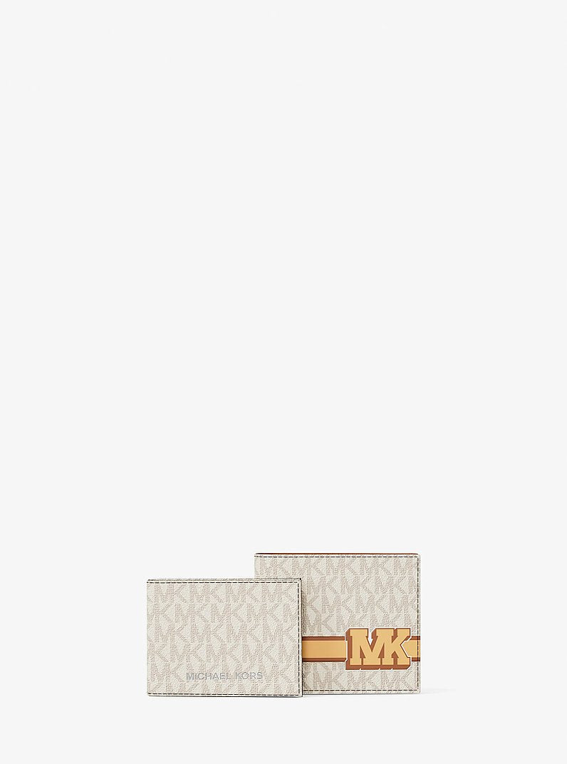 Michael Kors Cooper Striped Signature Logo Billfold Wallet With Passcase Vanilla Combo