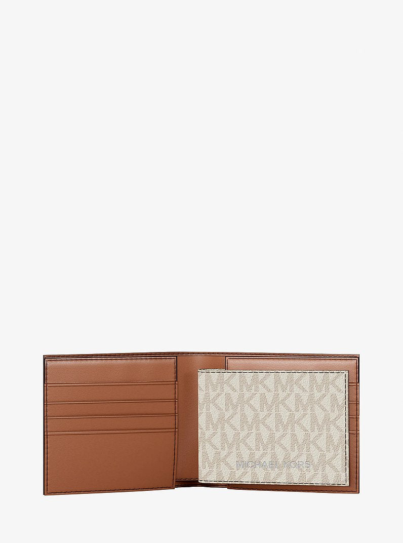Michael Kors Cooper Striped Signature Logo Billfold Wallet With Passcase Vanilla Combo