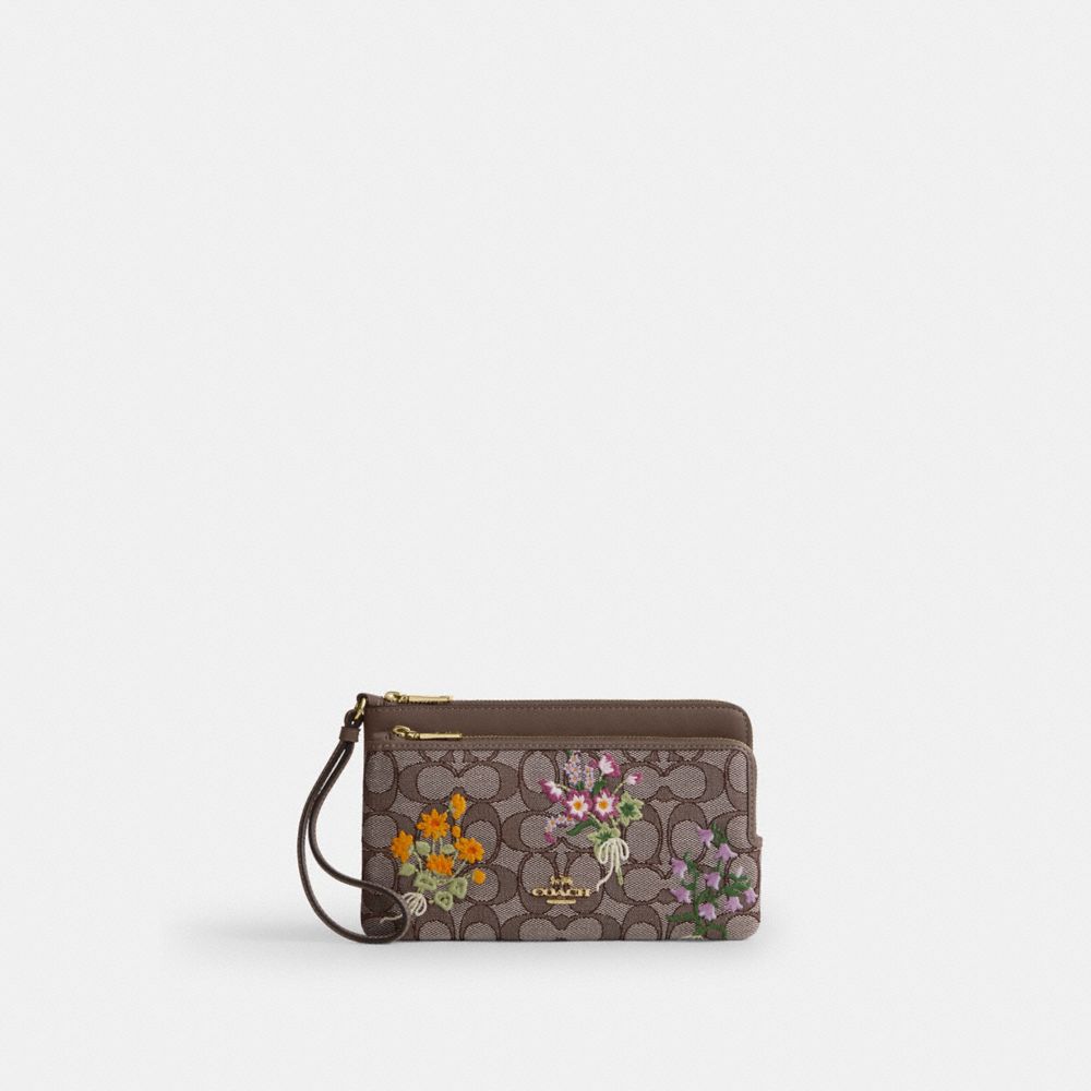 Double Zip Wristlet In Signature Jacquard With Floral Embroidery
