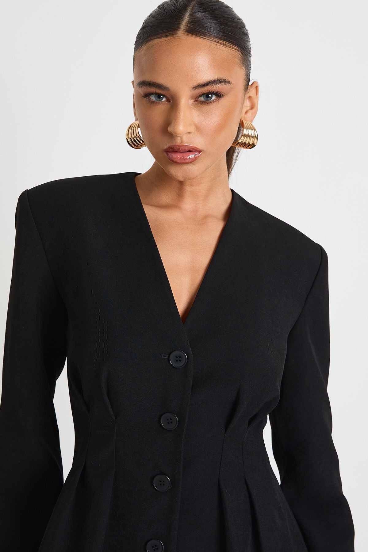 Long Sleeve Collarless Tailored Mini Dress