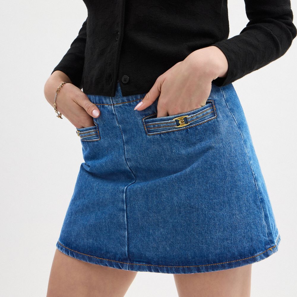 Coach Heritage C Denim Mini Skirt In Organic Cotton Medium Blue