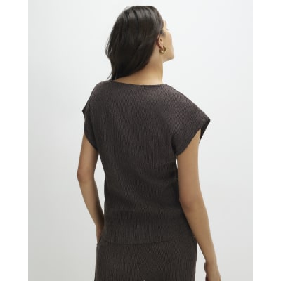 Brown Short Sleeve Textured Twist Front Top