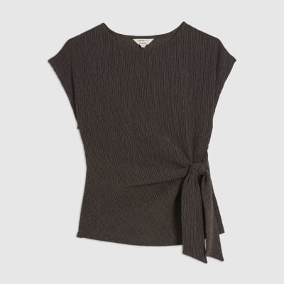 Brown Short Sleeve Textured Twist Front Top