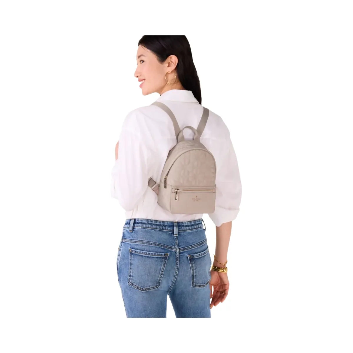Kate Spade Flower Quilted Fabric Small Backpack Cozy Grey