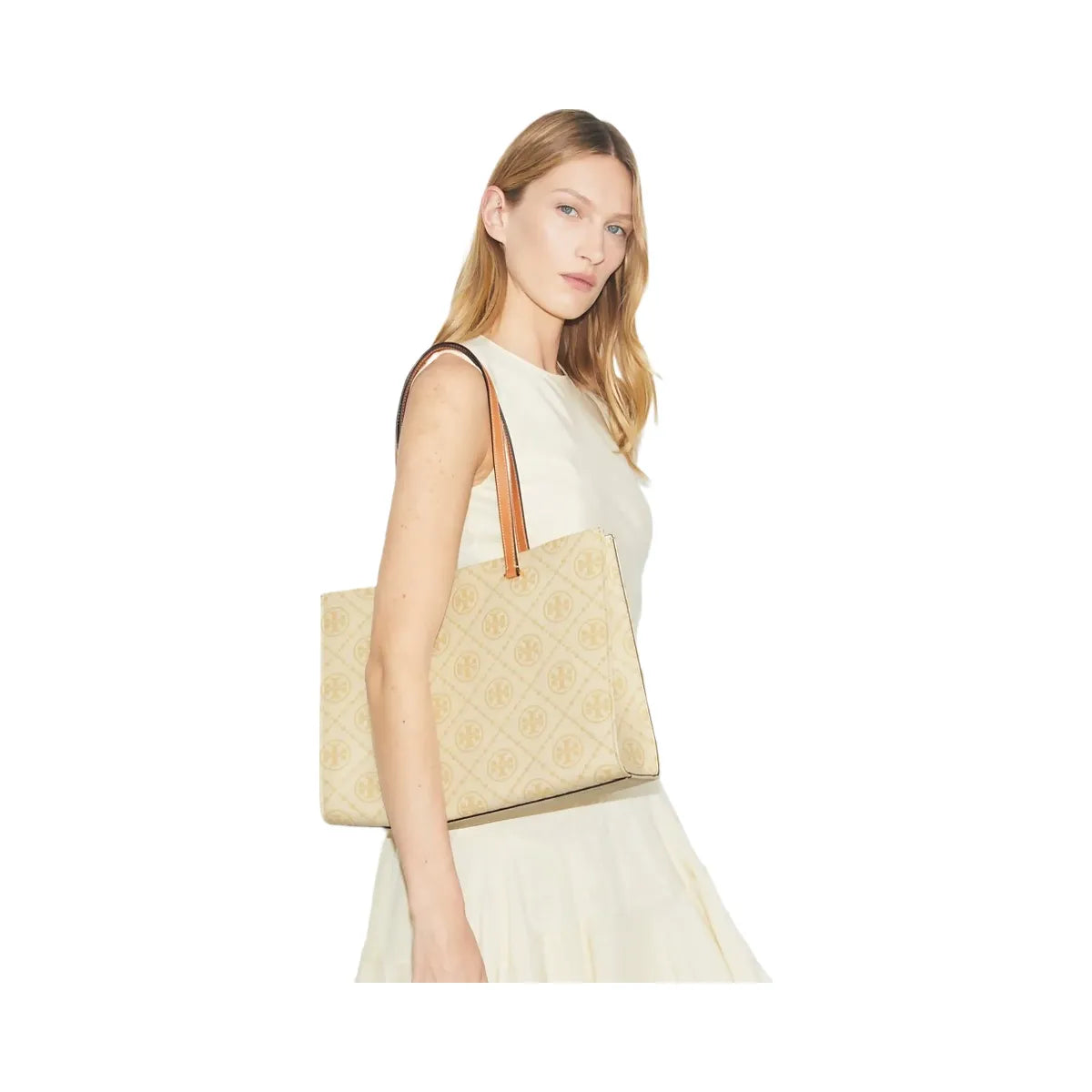Tory Burch T Monogram Pebbled Tote Biscotti