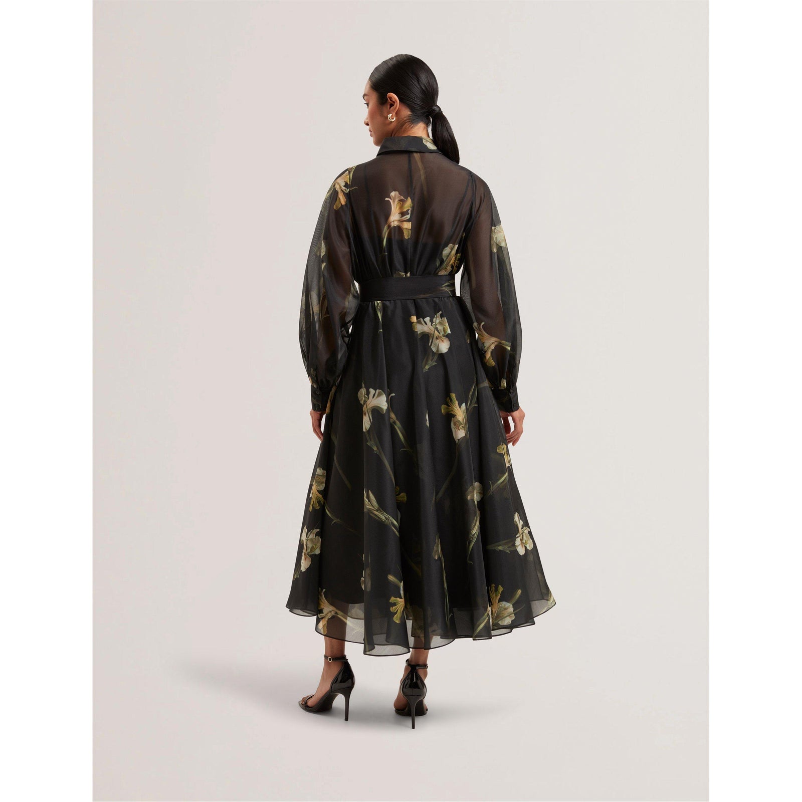 Liorral Printed Organza Belted Maxi Shirt Dress