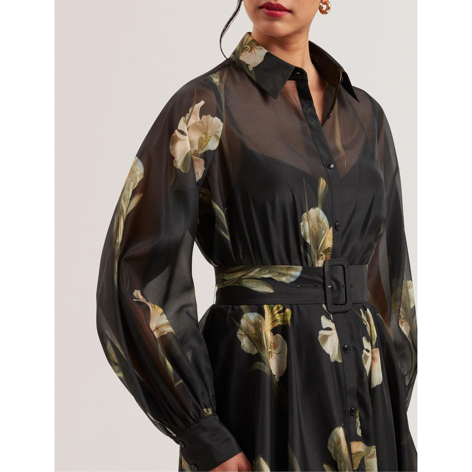 Liorral Printed Organza Belted Maxi Shirt Dress