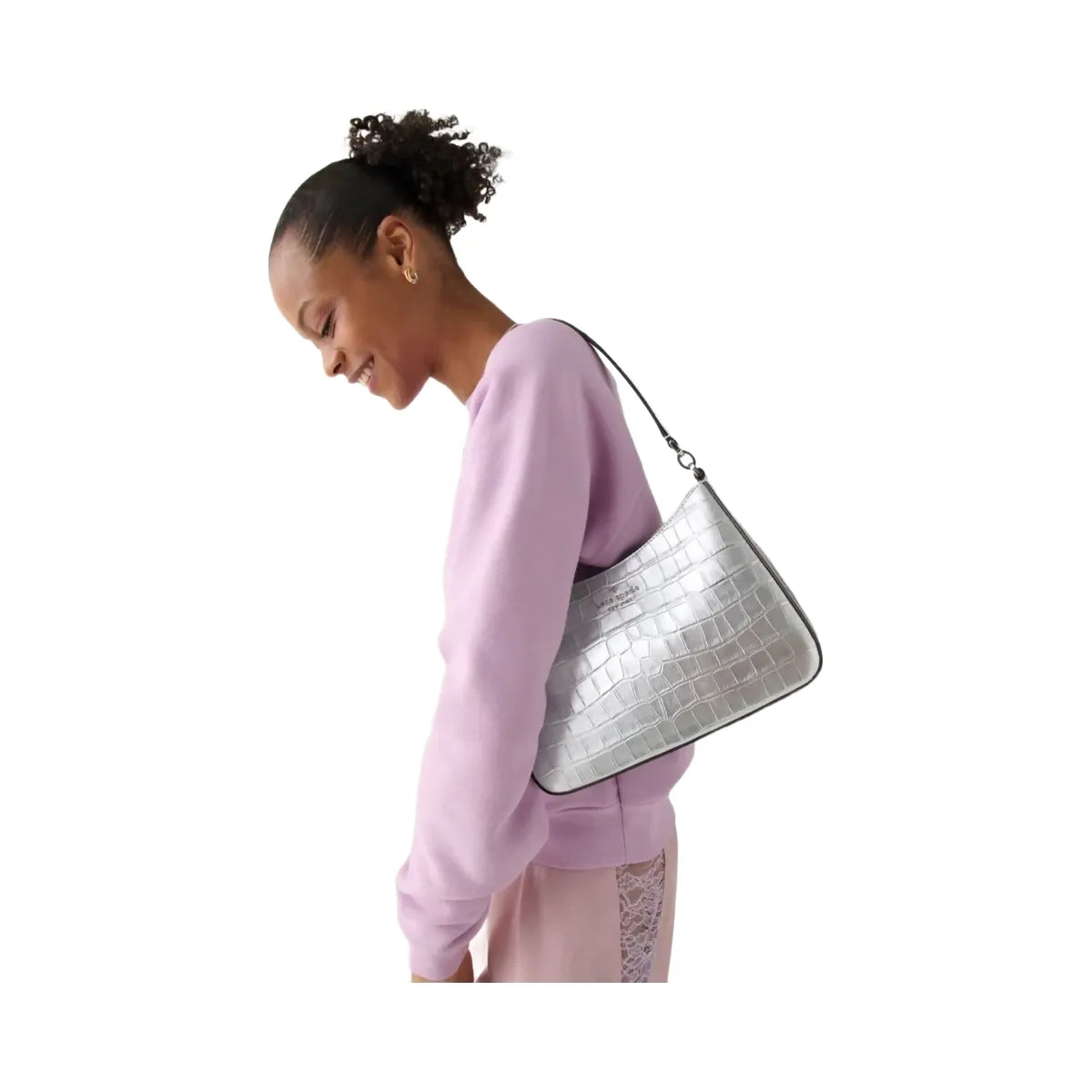 Kate Spade Margot Metallic Croc Embossed Convertible Shoulder Bag Silver
