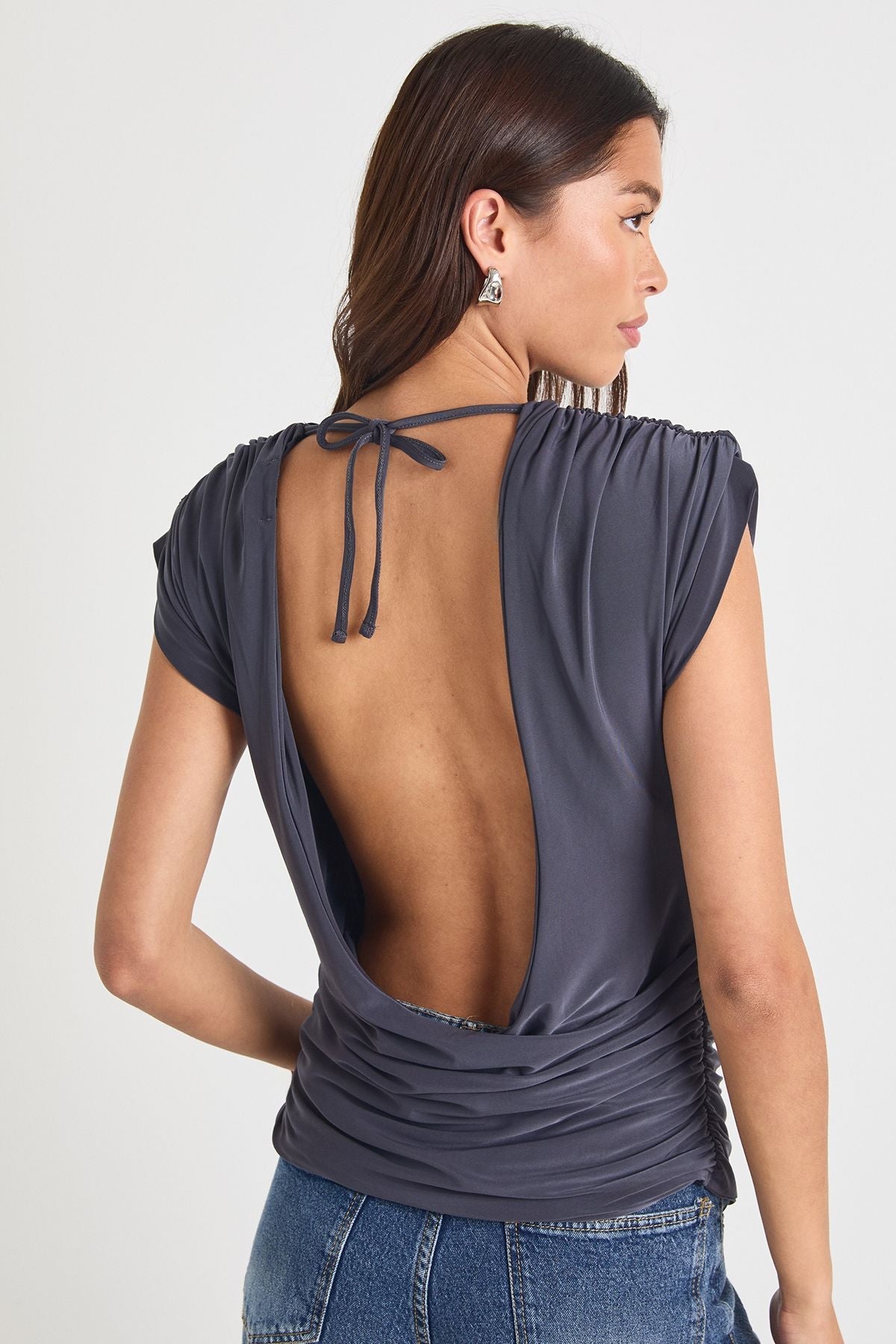 Double Layer Slinky Open Cowl Back Top