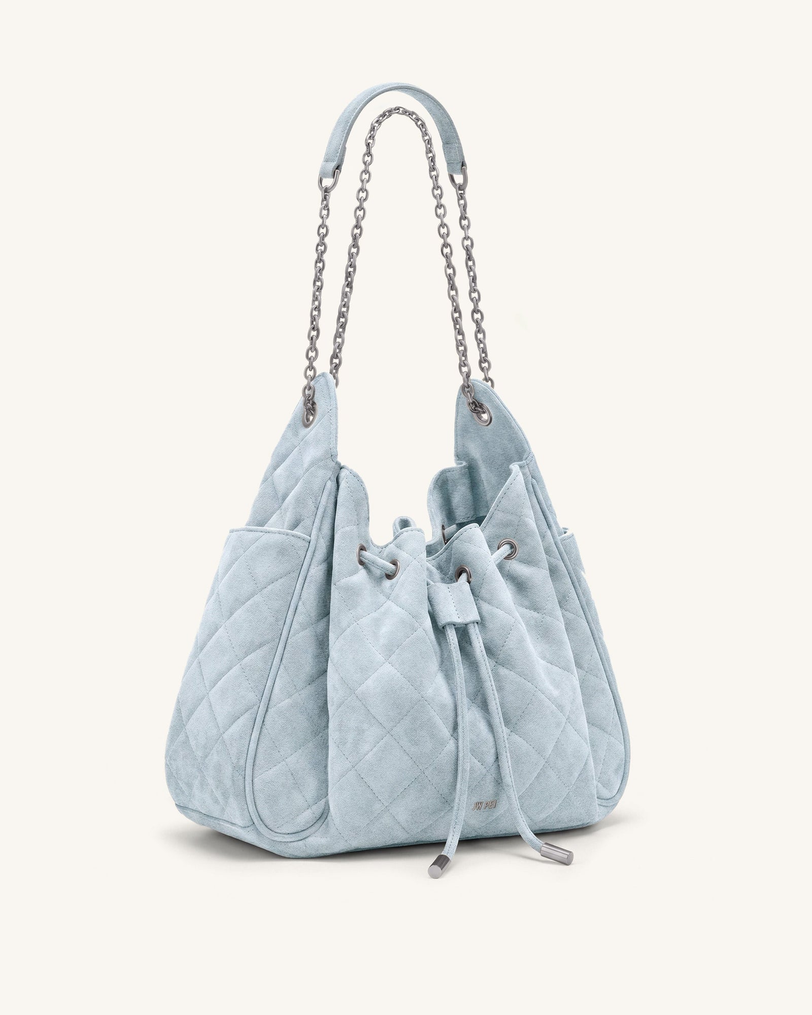 Rowan Faux Suede Quilted Chain Bucket Bag - Blue