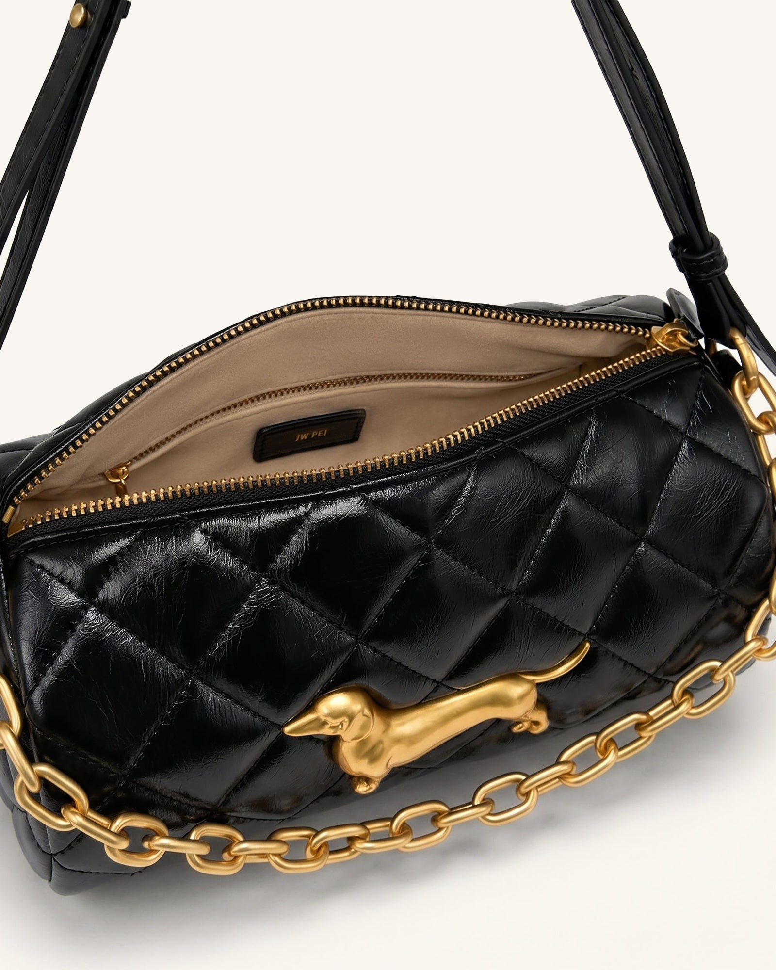 Dachshund Quilted Chain Shoulder Bag - Black