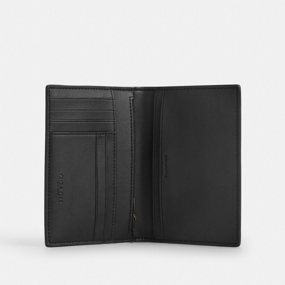 Coach Passport Card Case In Signature Canvas With Stripes Gunmetal Black Grey