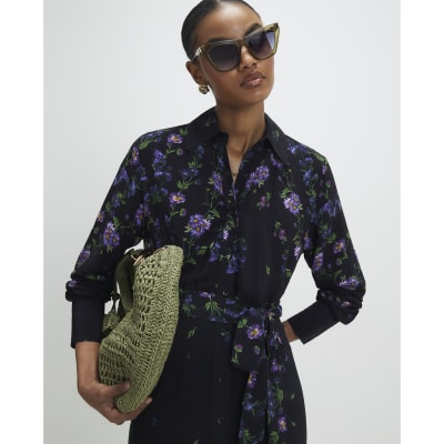 Black Floral Midi Shirt Dress
