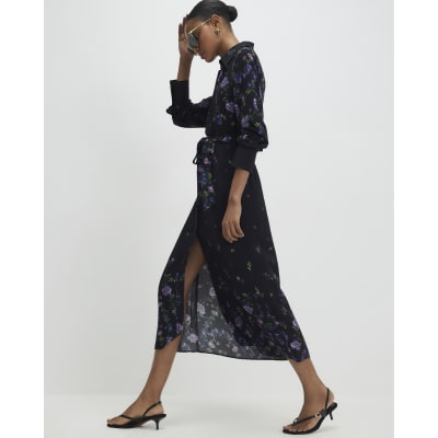 Black Floral Midi Shirt Dress