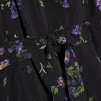 Black Floral Midi Shirt Dress