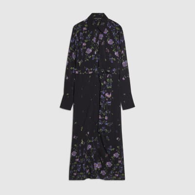Black Floral Midi Shirt Dress